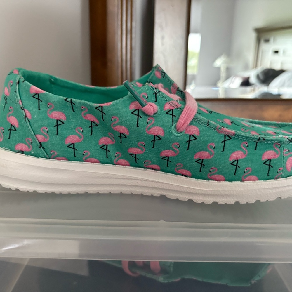 Hey Dude Green and Pink Flamingo Slippers